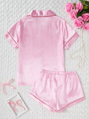 SHEIN Conjunto de Pijama Curto de Manga Curta e Shorts de Cor Sólida de Cetim para Mulheres, Roupa Doméstica de Verão