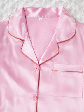 SHEIN Conjunto de Pijama Curto de Manga Curta e Shorts de Cor Sólida de Cetim para Mulheres, Roupa Doméstica de Verão