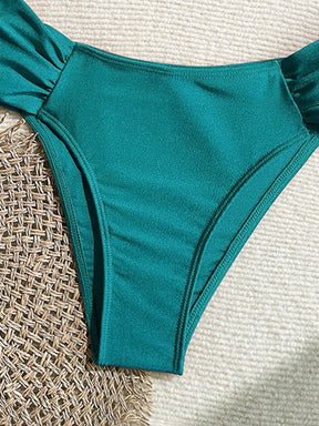 Swim Vcay Conjunto de Maiô Bikini com Alças Finas Plissadas de Corte Alto, Acessórios Metálicos Sexy, Totalmente Vegano, Roupa de Praia de Férias de Primavera para Mulheres, Roupa de Banho de Verão para Mulheres