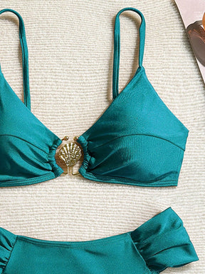Swim Vcay Conjunto de Maiô Bikini com Alças Finas Plissadas de Corte Alto, Acessórios Metálicos Sexy, Totalmente Vegano, Roupa de Praia de Férias de Primavera para Mulheres, Roupa de Banho de Verão para Mulheres