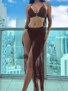 Swim SXY Conjunto de Maiô Bikini e Saída de Praia Feminino Verão Sólido Halter com Amarração, Sexy, com Saia de Cobertura, Traje de Férias