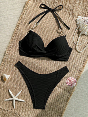 Swim Lushoire 2 Peças Conjunto de Maiô Bikini com Top em Tecido Canelado com Alça de Apoio e Sunga Regular de Estilo de Férias