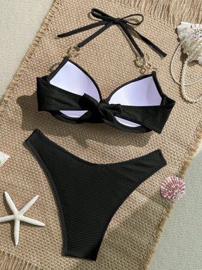 Swim Lushoire 2 Peças Conjunto de Maiô Bikini com Top em Tecido Canelado com Alça de Apoio e Sunga Regular de Estilo de Férias