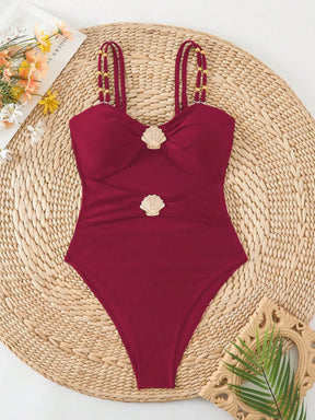 Swim Chiccia Maiô de Uma Peça para Praia e Resort, Decor de Metal, Decote Vazado, com Alças Duplas, Cor Sólida, para Mulheres