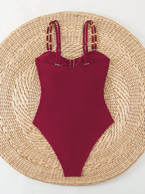 Swim Chiccia Maiô de Uma Peça para Praia e Resort, Decor de Metal, Decote Vazado, com Alças Duplas, Cor Sólida, para Mulheres