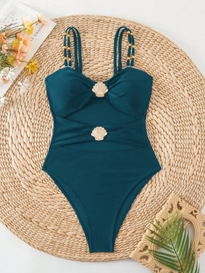 Swim Chiccia Maiô de Uma Peça para Praia e Resort, Decor de Metal, Decote Vazado, com Alças Duplas, Cor Sólida, para Mulheres