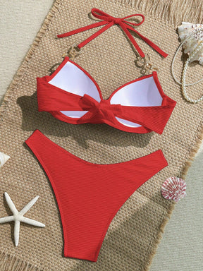 Swim Lushoire 2 Peças Conjunto de Maiô Bikini com Top em Tecido Canelado com Alça de Apoio e Sunga Regular de Estilo de Férias