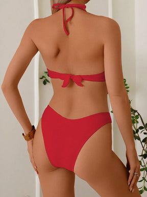 Swim Lushoire 2 Peças Conjunto de Maiô Bikini com Top em Tecido Canelado com Alça de Apoio e Sunga Regular de Estilo de Férias