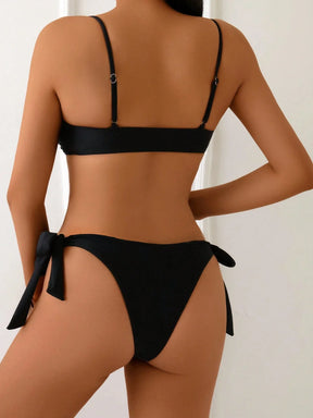 Swim Vcay Conjunto de Maiô Bikini Premium Feminino de 2 Peças em Cor Sólida, Top com Laço e Decoração de Flor de Metal e Parte de Baixo com Laço Sexy, Roupa de Praia para Resort, Banho de Sol