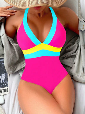 Maiô Sexy de Moda Feminino de Cor Contrastante, Alça Alta, Maiô de Peça Única