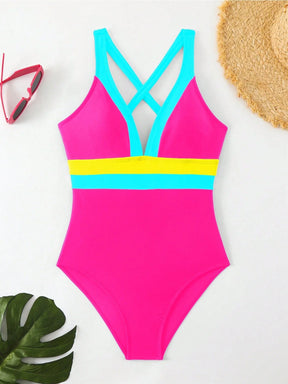 Maiô Sexy de Moda Feminino de Cor Contrastante, Alça Alta, Maiô de Peça Única