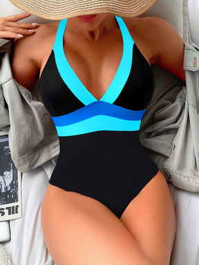 Maiô Sexy de Moda Feminino de Cor Contrastante, Alça Alta, Maiô de Peça Única