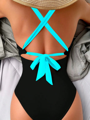 Maiô Sexy de Moda Feminino de Cor Contrastante, Alça Alta, Maiô de Peça Única