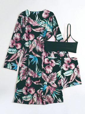 SHEIN Swim Conjunto de Maiô Bikini com alças finas e estampa contrastante de praia tropical de verão e quimono com estampa tropical