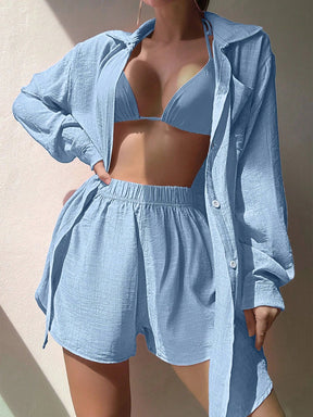SHEIN Swim Conjunto de camisa de botão frontal com gola dobrável e shorts de cor sólida para cobrir a praia no verão