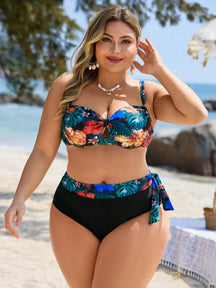 Swim Lushoire Conjunto com 2 Peças Estampa de Planta Tropical Aleatória para Mulheres Plus Size, Top Assimétrica com Babado e Maiô Bikini Triângulo de Cintura Alta, Traje de Banho Simples para Férias e Uso Diário