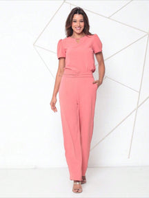 Conjunto Blusa Manga Bishop Com Gola Redonda E Calça Larga Pregas Brenda Rosa Empoeirado / P