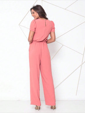 Conjunto Blusa Manga Bishop Com Gola Redonda E Calça Larga Pregas Brenda