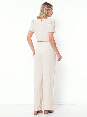 Conjunto Blusa Manga Bishop Com Gola Redonda E Calça Larga Pregas Brenda
