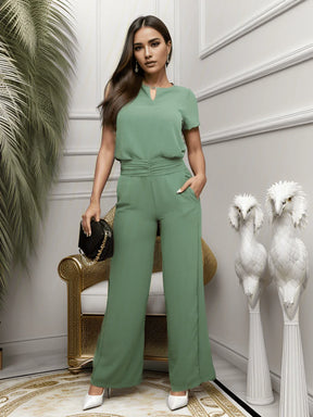 Conjunto Blusa Manga Bishop Com Gola Redonda E Calça Larga Pregas Brenda