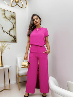 Conjunto Blusa Manga Bishop Com Gola Redonda E Calça Larga Pregas Brenda