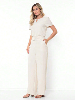 Conjunto Blusa Manga Bishop Com Gola Redonda E Calça Larga Pregas Brenda