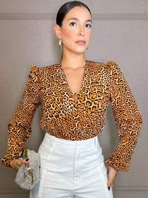 Blusa Manga Bufante Decote Cruzado Sabrina Estampa Animal Print Onça / P