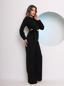Conjunto Alfaiataria Calça Pantalona E Blusa Manga Longa Com Detalhe Amarração Michele Preto / P