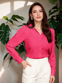 Camisa Manga Longa Bufante Com Botões Social Andressa Fúcsia / P