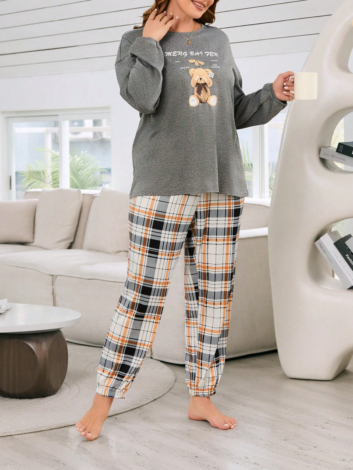 Pijama Longo Plus Size Ursinho Xadrez Beatrice