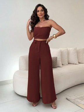 Conjunto Calça Pantalona E Cropped Tomara Que Caia Miriam