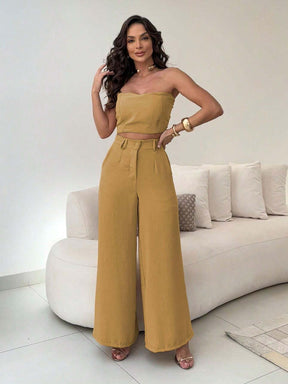 Conjunto Calça Pantalona E Cropped Tomara Que Caia Miriam Ocre / P