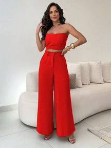 Conjunto Calça Pantalona E Cropped Tomara Que Caia Miriam Vermelho / P