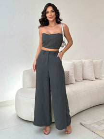 Conjunto Calça Pantalona E Cropped Tomara Que Caia Miriam Chumbo / P