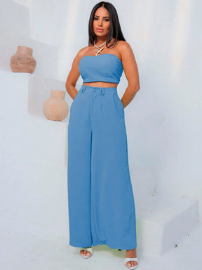 Conjunto Calça Pantalona E Cropped Tomara Que Caia Miriam Azul Jeans / P