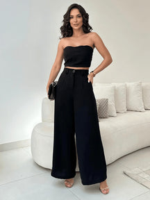 Conjunto Calça Pantalona E Cropped Tomara Que Caia Miriam Preto / P