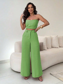 Conjunto Calça Pantalona E Cropped Tomara Que Caia Miriam Verde Oliva / P