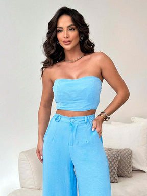 Conjunto Calça Pantalona E Cropped Tomara Que Caia Miriam