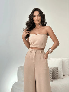 Conjunto Calça Pantalona E Cropped Tomara Que Caia Miriam