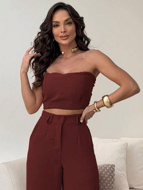 Conjunto Calça Pantalona E Cropped Tomara Que Caia Miriam