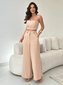 Conjunto Calça Pantalona E Cropped Tomara Que Caia Miriam Bege / P