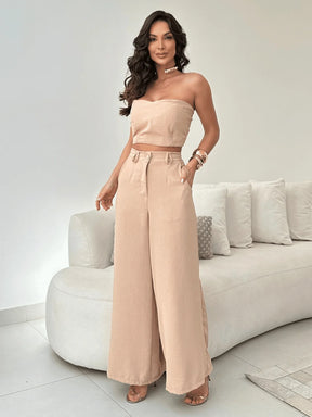 Conjunto Calça Pantalona E Cropped Tomara Que Caia Miriam Bege / P