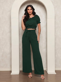 Conjunto Calça Perna Larga E Cropped Manga Bufante Ombro Á Emília Verde Militar / P