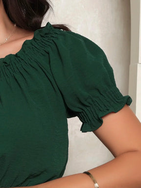 Conjunto Calça Perna Larga E Cropped Manga Bufante Ombro Á Emília