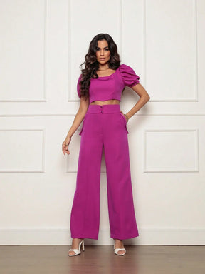 Conjunto Calça Perna Larga E Cropped Gola U Com Manga Bufante Fernanda
