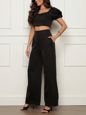 Conjunto Calça Perna Larga E Cropped Gola U Com Manga Bufante Fernanda