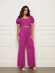 Conjunto Calça Perna Larga E Cropped Gola U Com Manga Bufante Fernanda Fúcsia / P