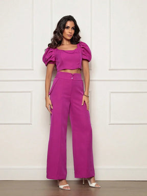 Conjunto Calça Perna Larga E Cropped Gola U Com Manga Bufante Fernanda Fúcsia / P