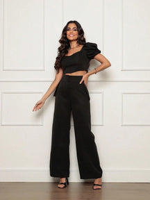Conjunto Calça Perna Larga E Cropped Gola U Com Manga Bufante Fernanda Preto / P