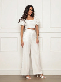 Conjunto Calça Perna Larga E Cropped Gola U Com Manga Bufante Fernanda Branco / P